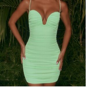 Oh Polly Green Rhinestone Straps Ruched Dress